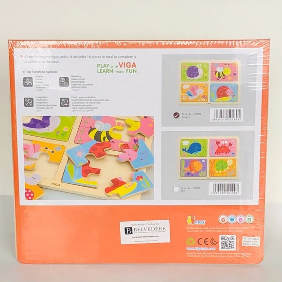 VIGA 4-in-1 Flat Wooden Puzzle w/Tray -Insects New Sealed For Age 18 Months+ - Picture 10 of 13